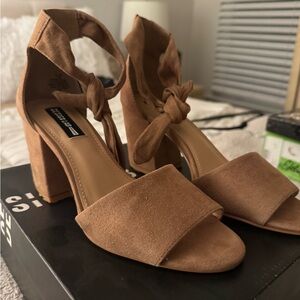 Lord & Taylor Tan Suede Ankle Tie Block Heels